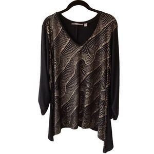 Valerie Stevens Black Shark Bite Hem Blouse Gold Glitter Embellished XL
